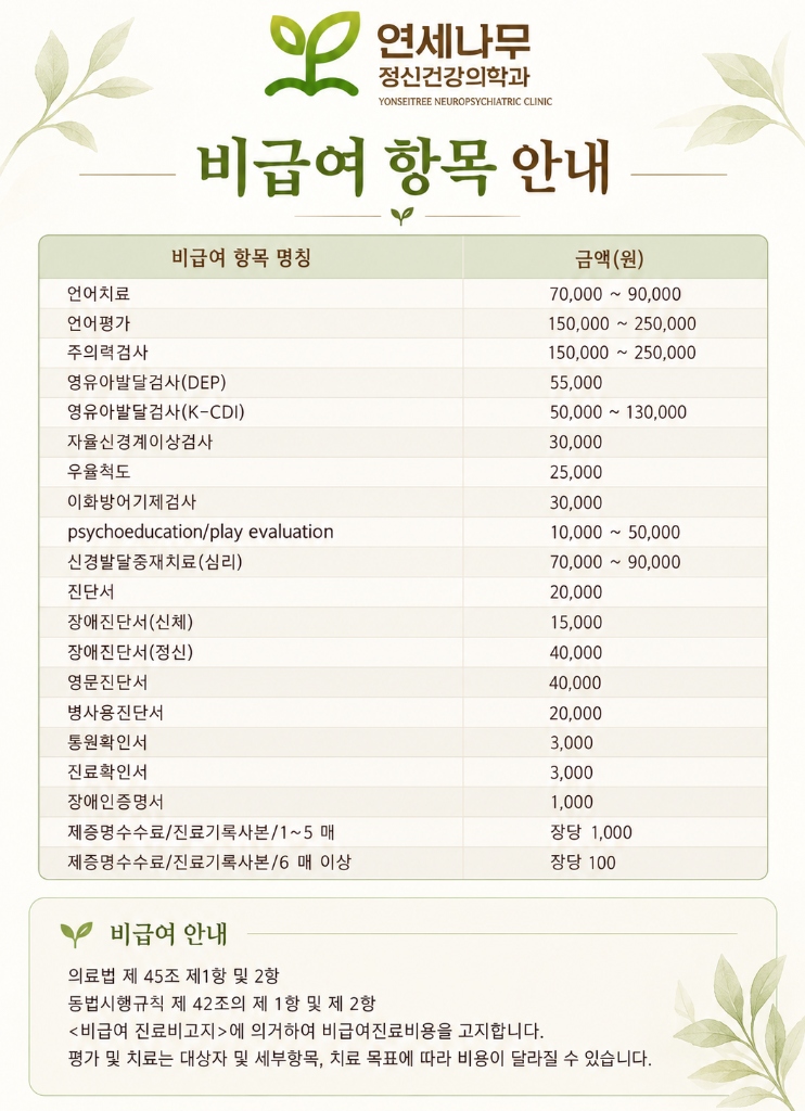 연세나무 비급여 항목 안내 공식 고지서